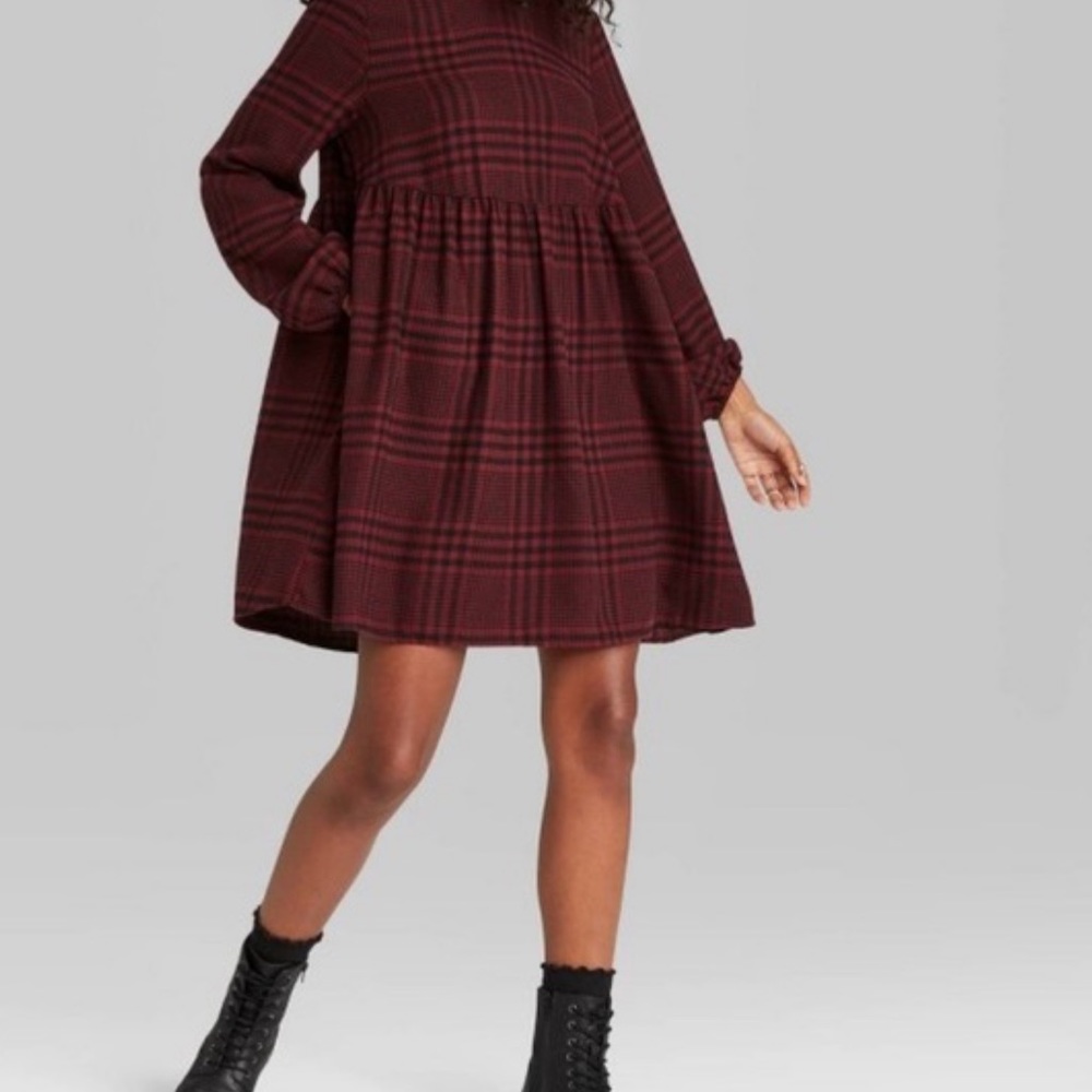 Wild fable baby doll dress fall plaid red and black